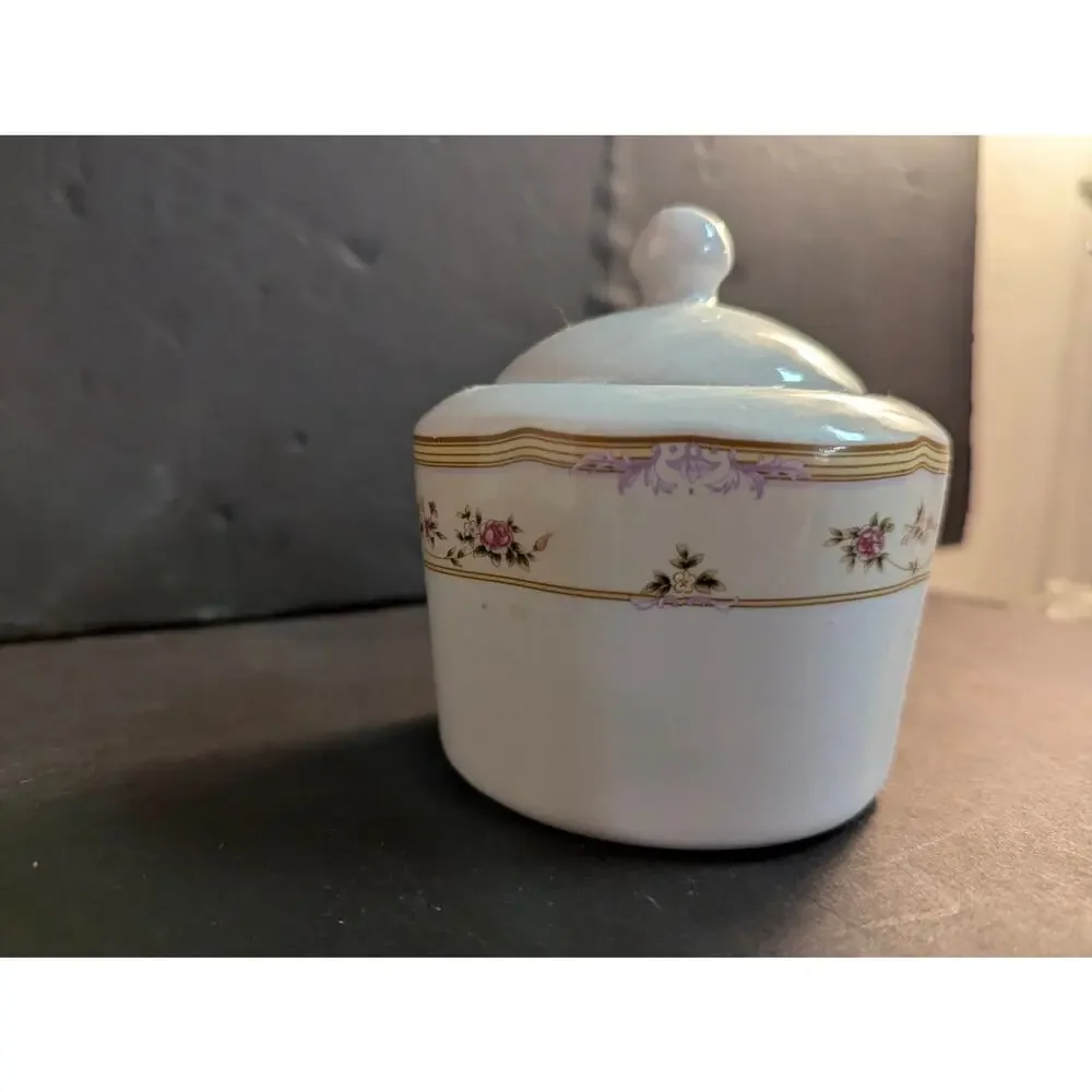 Vintage Lynne Fine China Lidded Sugar Bowl Floral Gold Trim French Country